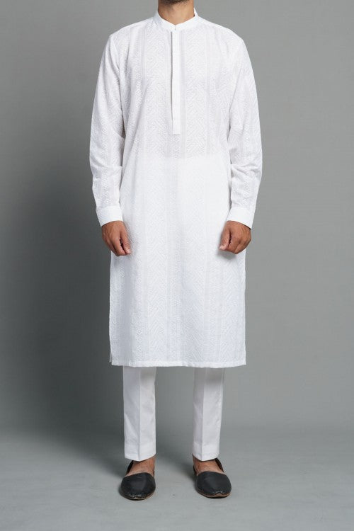 White Embroidered Egyptian Cotton Kurta (2-Piece) - Image 1