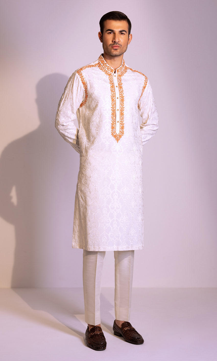 White Jacquard Embroidered Men’s Kurta (2-Piece) - Image 1