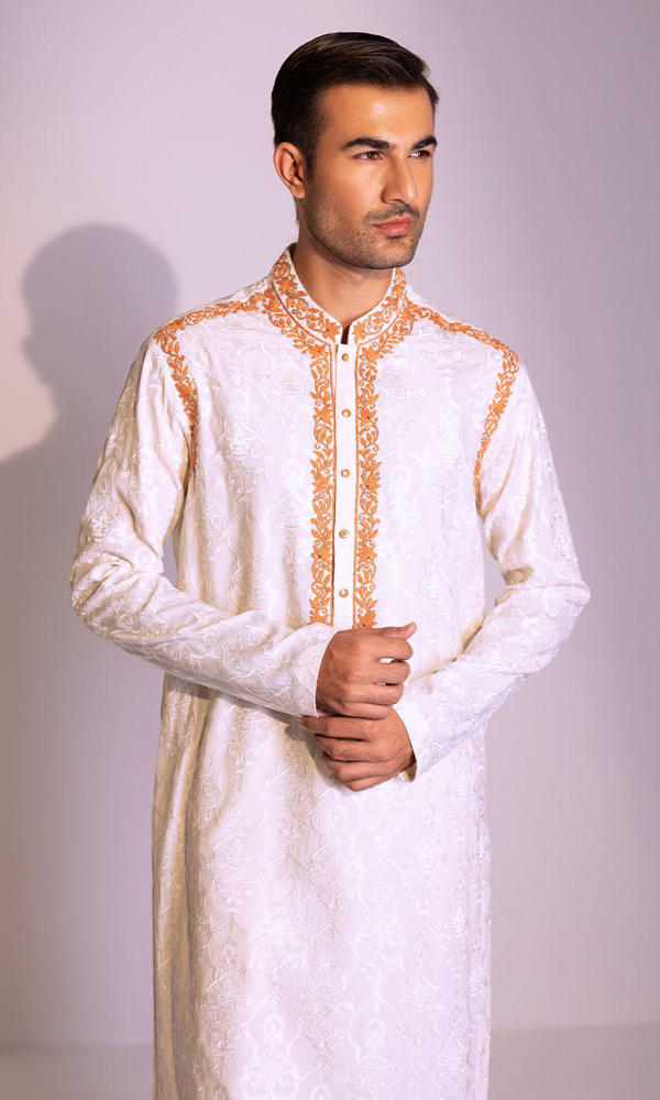 White Jacquard Embroidered Men’s Kurta (2-Piece) - Image 3