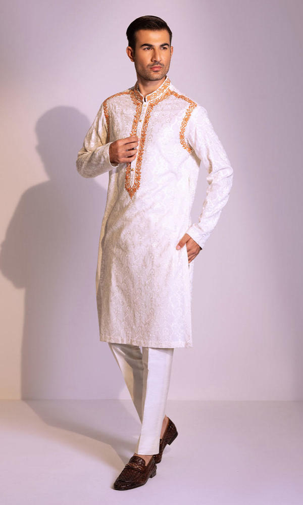 White Jacquard Embroidered Men’s Kurta (2-Piece) - Image 4