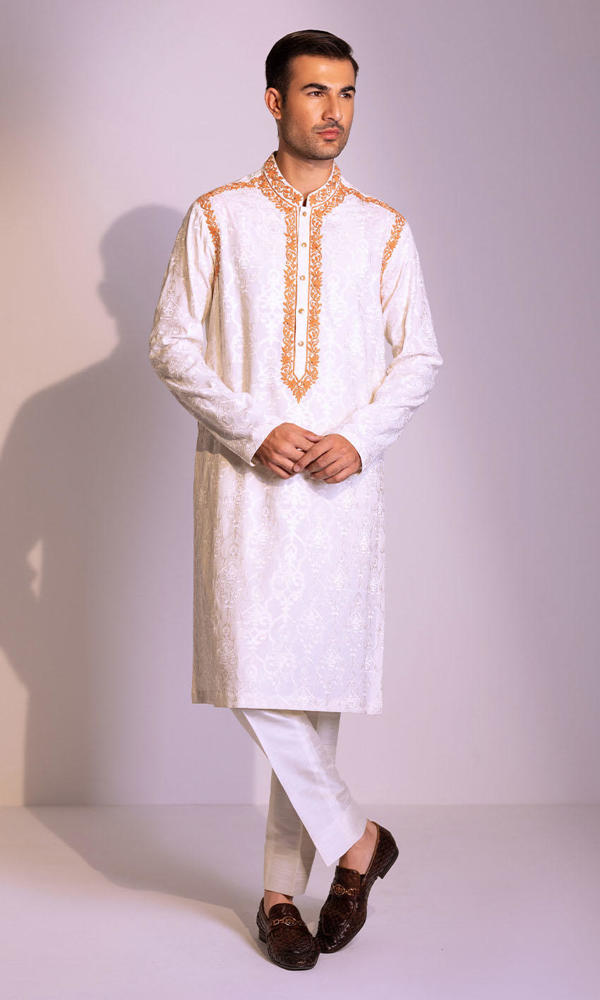 White Jacquard Embroidered Men’s Kurta (2-Piece) - Image 5