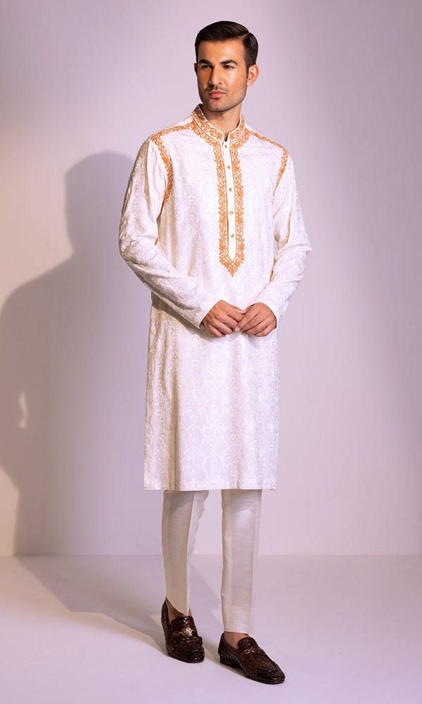 White Jacquard Embroidered Men’s Kurta (2-Piece) - Image 6