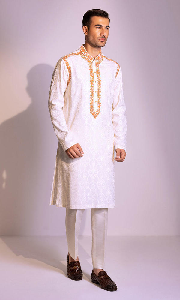 White Jacquard Embroidered Men’s Kurta (2-Piece) - Image 7