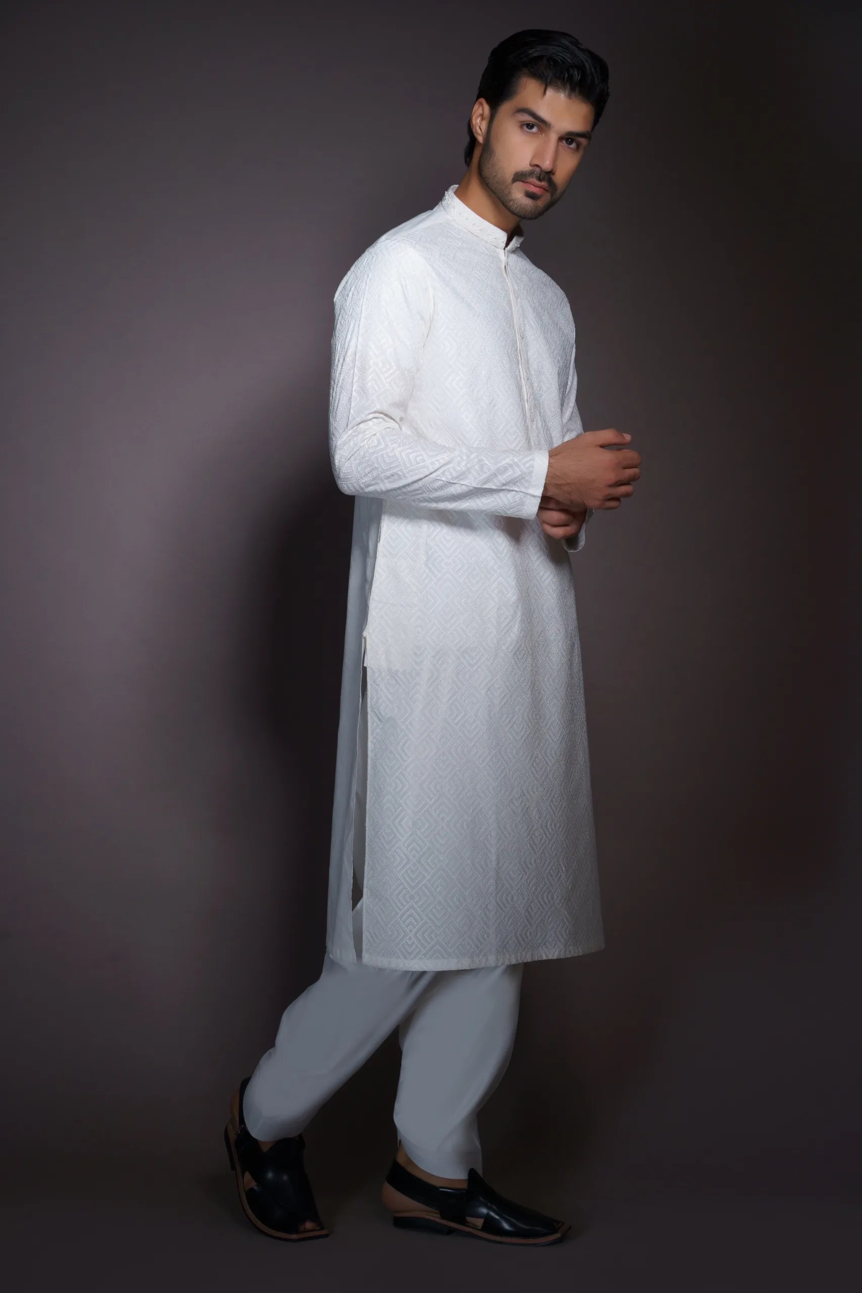 White Jacquard Embroidered Kurta for Men (2-Piece) - Image 1