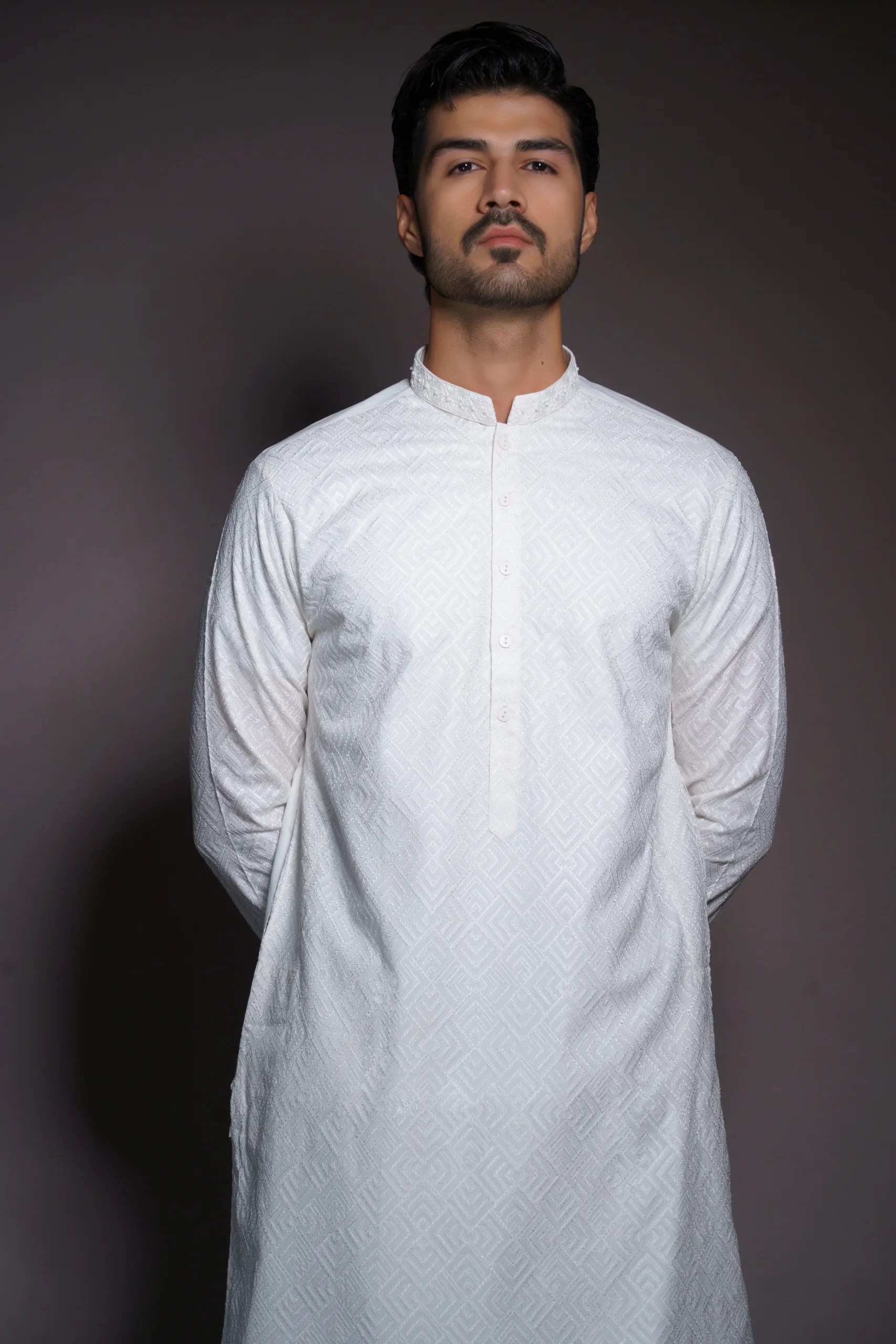 White Jacquard Embroidered Kurta for Men (2-Piece) - Image 2