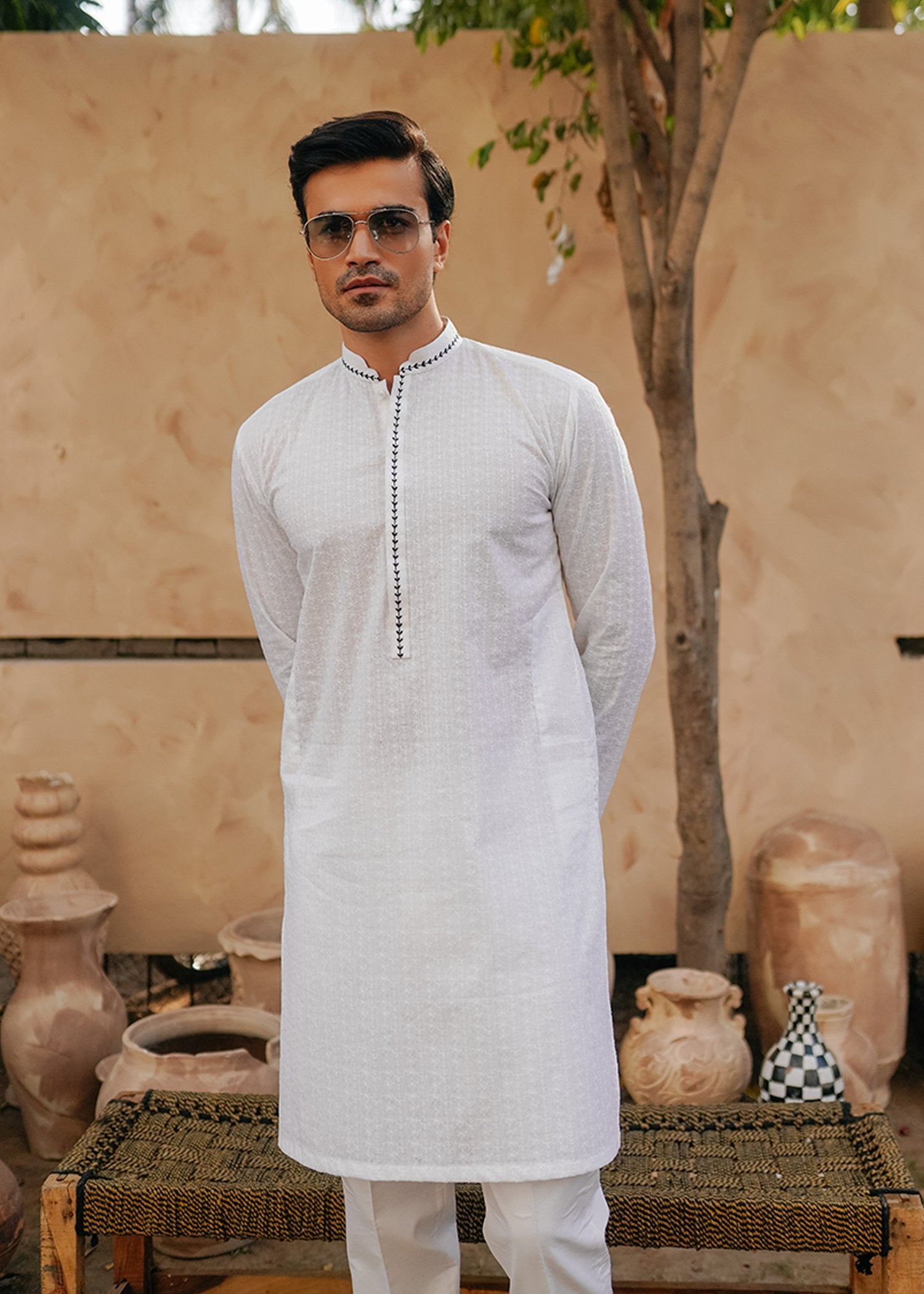 White Chikankari Lawn Kurta with Black Neckline (2-Piece) - Image 1