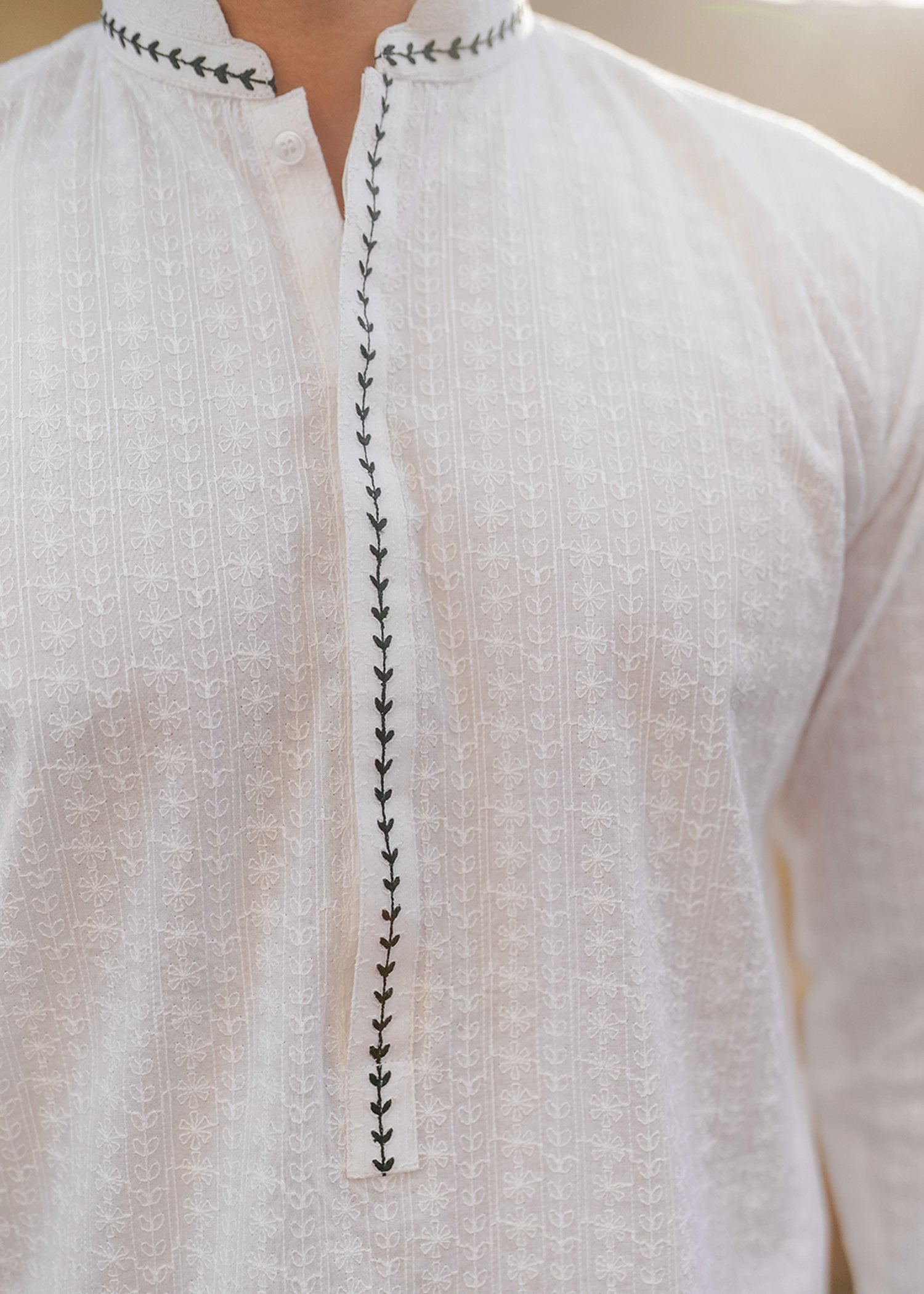 White Chikankari Lawn Kurta with Black Neckline (2-Piece) - Image 2