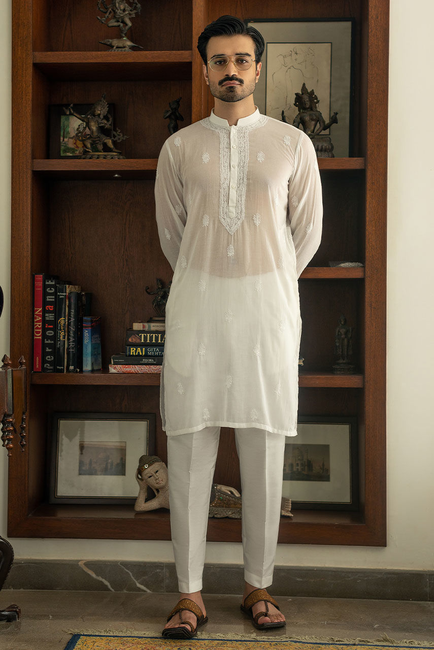 White Hand-Embroidered Pure Malmal Kurta (2-Piece) - Image 1