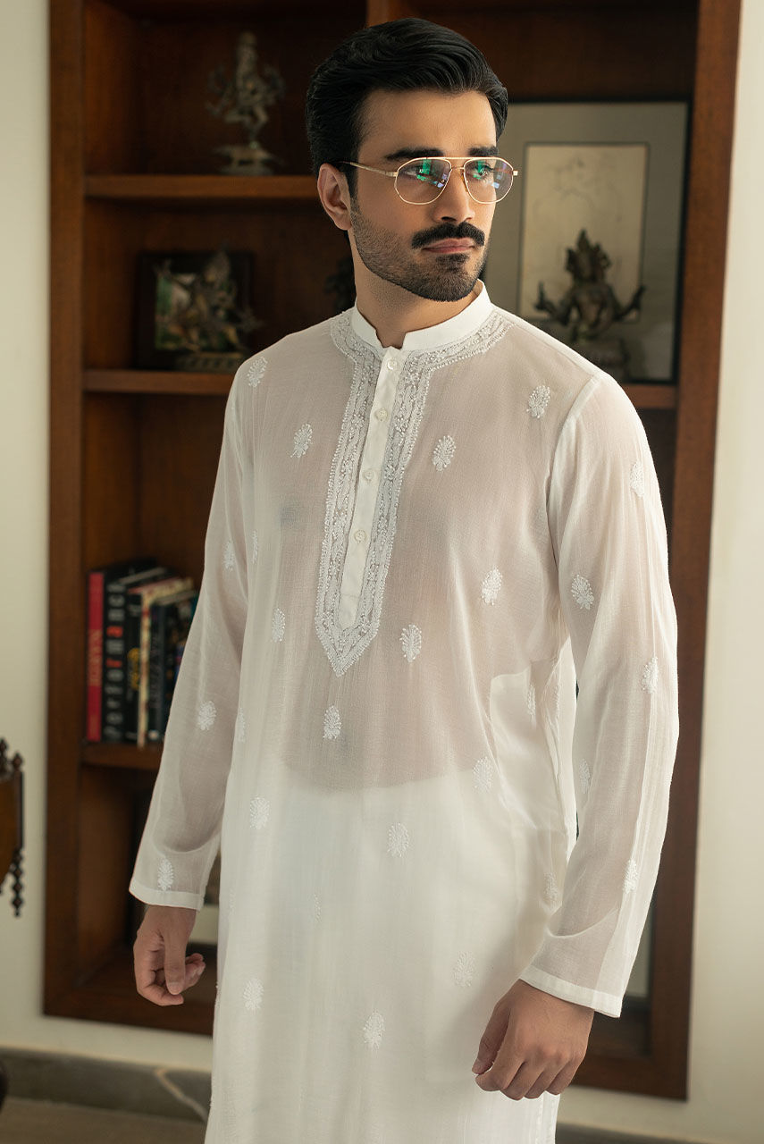 White Hand-Embroidered Pure Malmal Kurta (2-Piece) - Image 2