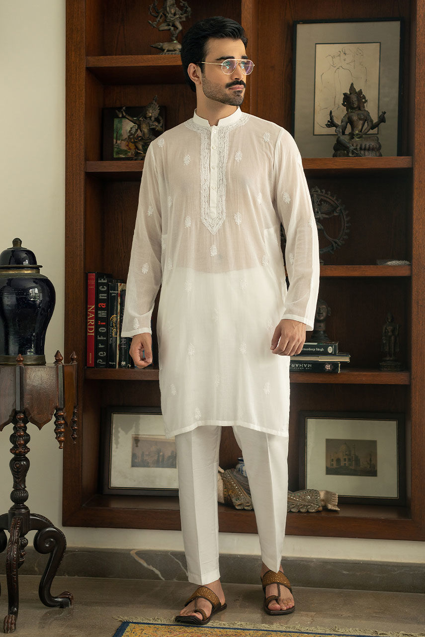 White Hand-Embroidered Pure Malmal Kurta (2-Piece) - Image 3