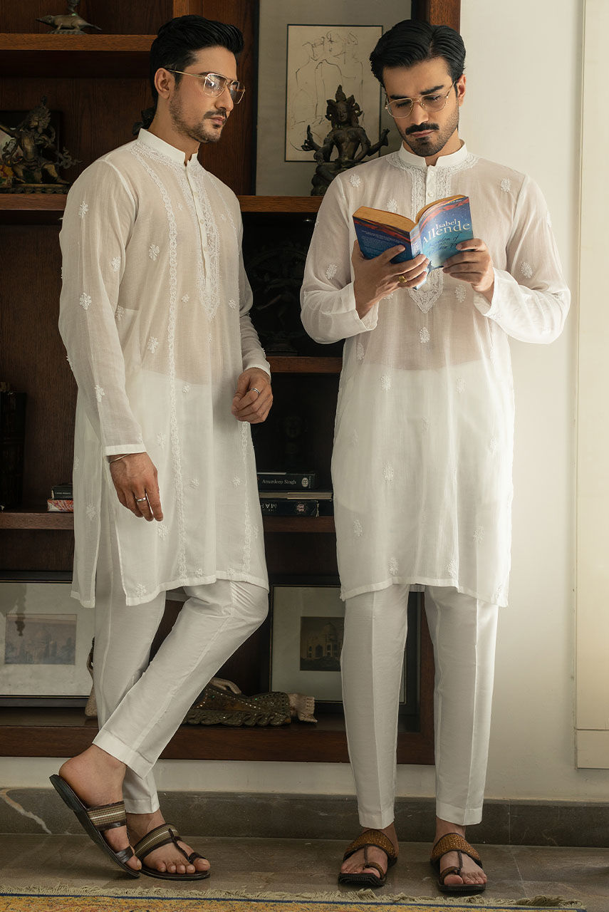 White Hand-Embroidered Pure Malmal Kurta (2-Piece) - Image 5