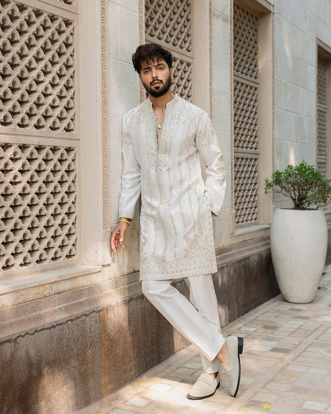Ash White Embroidered Pure Raw Silk Kurta Set (3-Piece) - Image 1