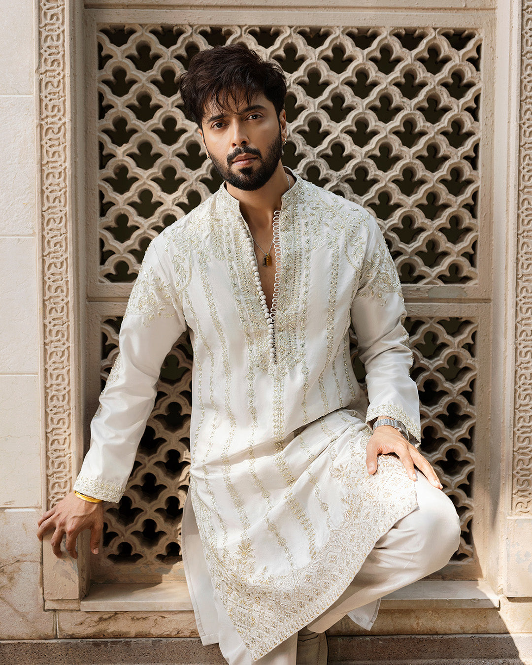 Ash White Embroidered Pure Raw Silk Kurta Set (3-Piece) - Image 4