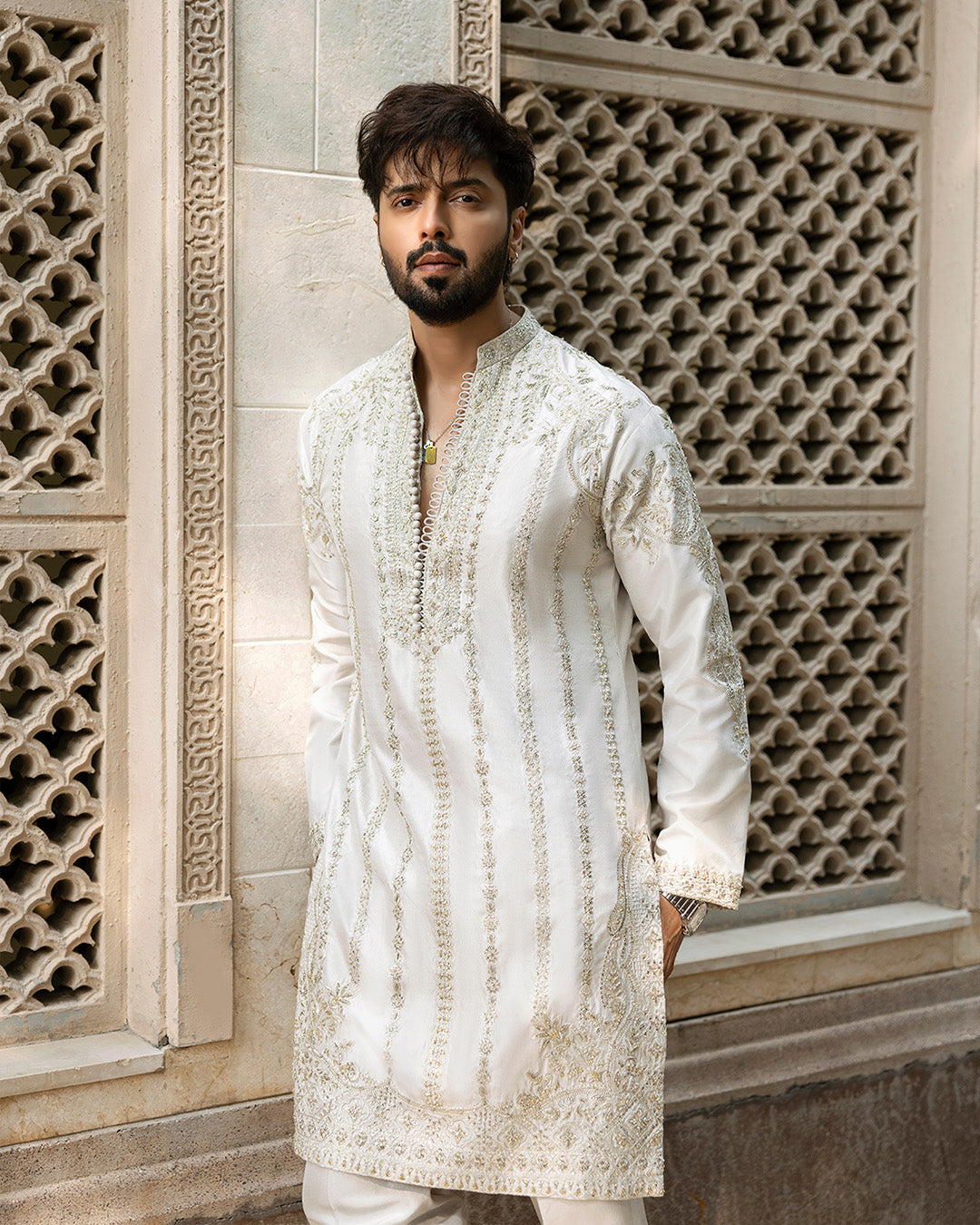 Ash White Embroidered Pure Raw Silk Kurta Set (3-Piece) - Image 5