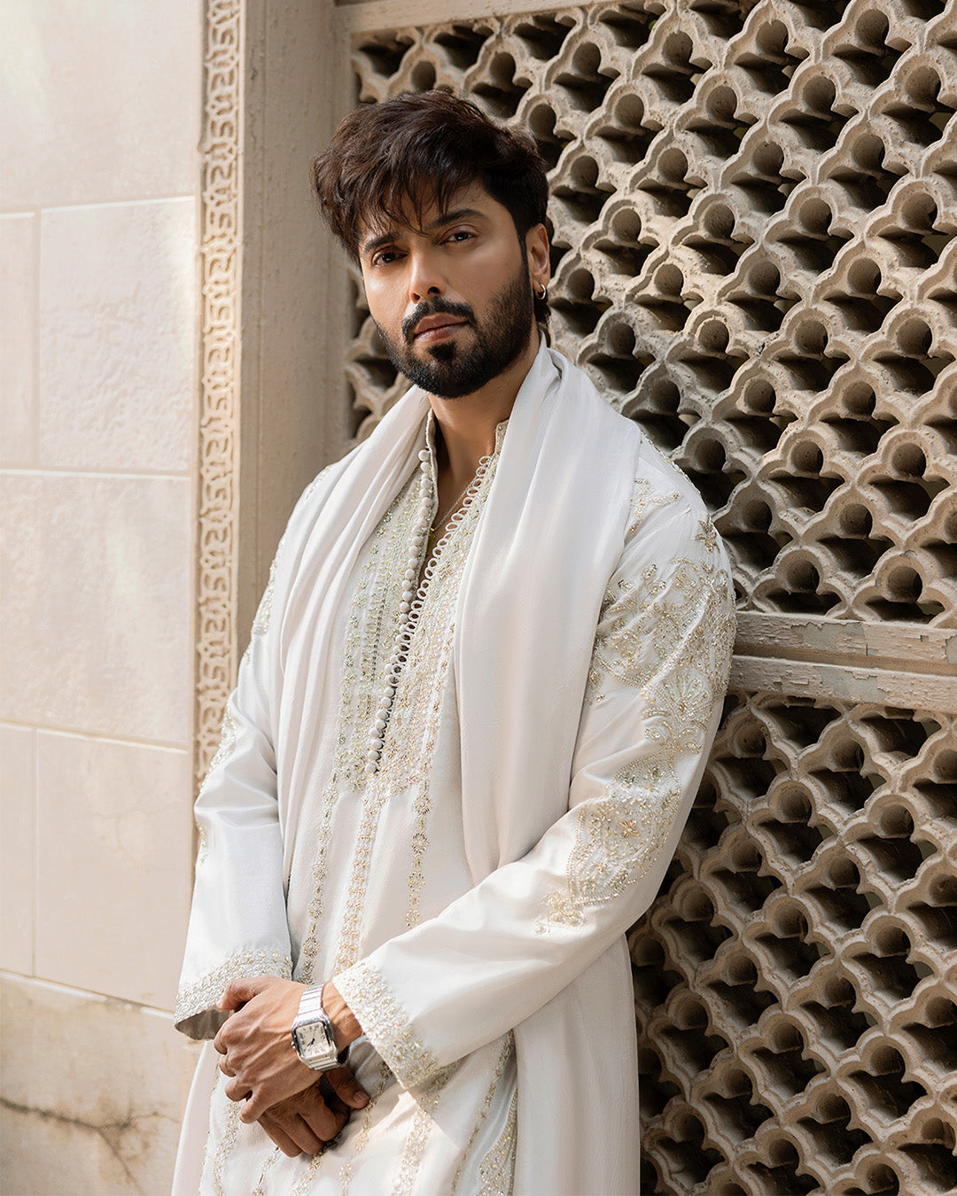 Ash White Embroidered Pure Raw Silk Kurta Set (3-Piece) - Image 6