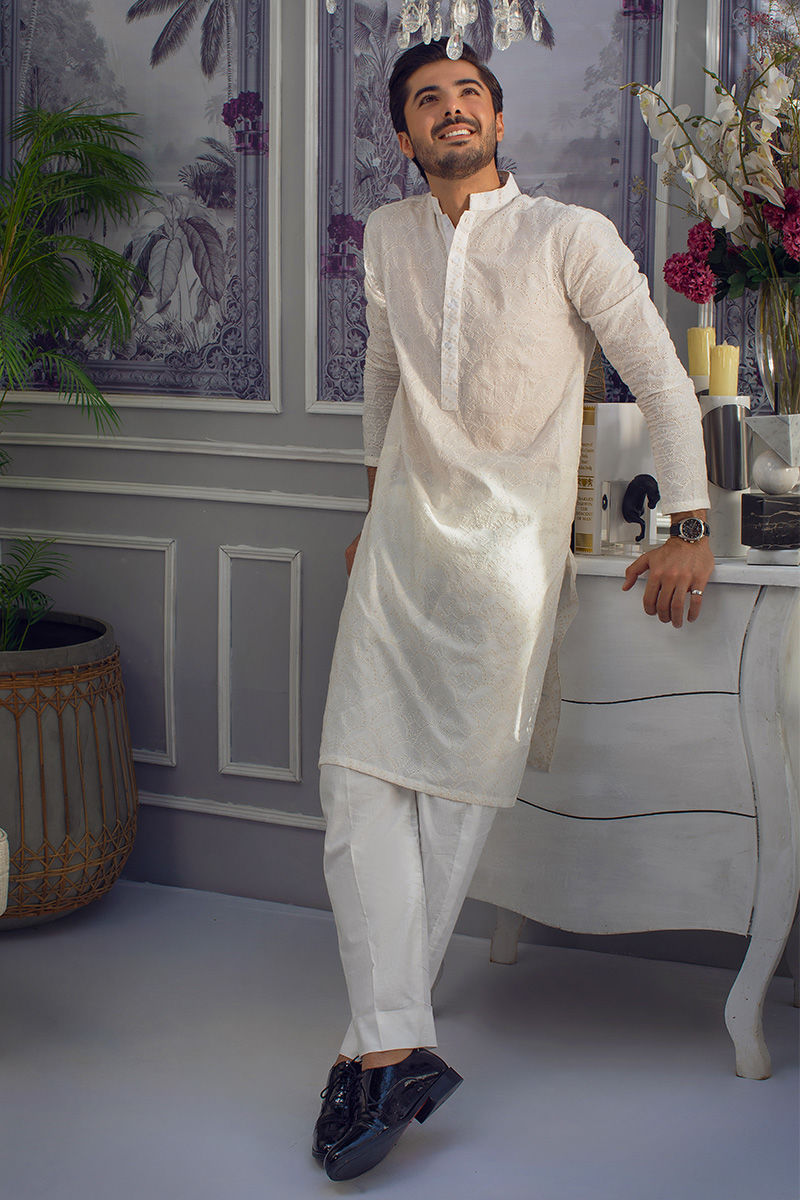 White Schiffli Cotton Embroidered Kurta (2-Piece) - Image 1