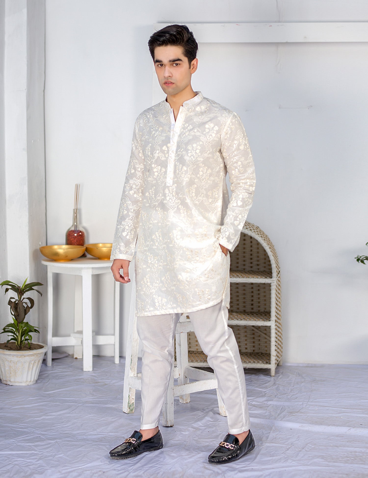 White Embroidered Wash & Wear Kurta Trouser Set (2-Piece) - Image 1
