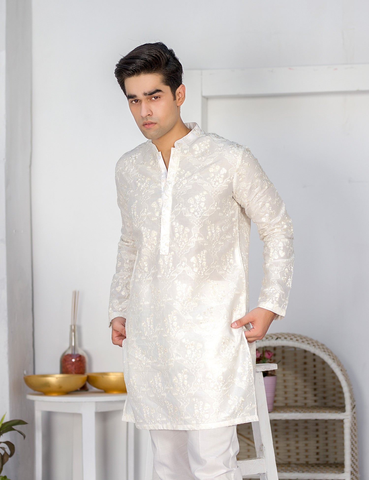White Embroidered Wash & Wear Kurta Trouser Set (2-Piece) - Image 3