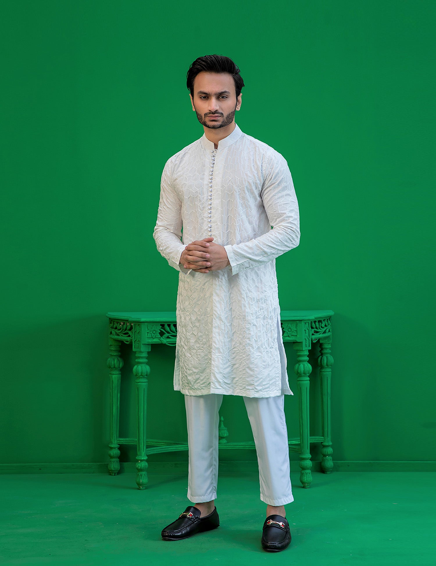 White Embroidered Wash N Wear Kurta Set (2-Piece) - Image 1