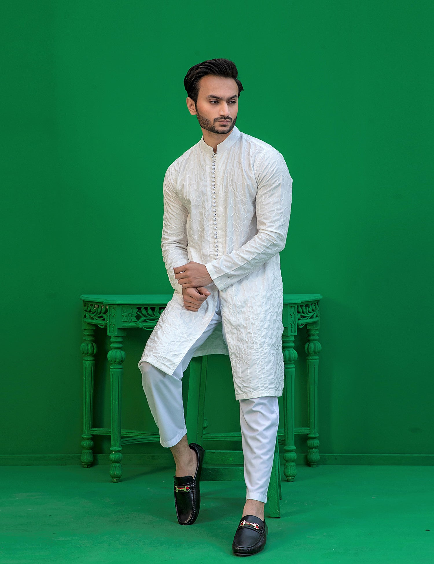 White Embroidered Wash N Wear Kurta (2-Piece) - Image 2