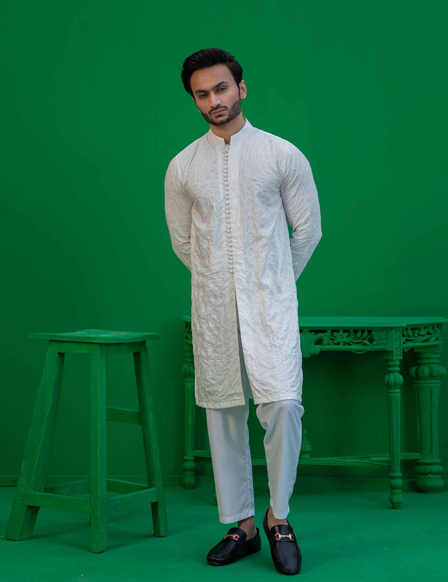 White Embroidered Wash N Wear Kurta (2-Piece) - Image 5