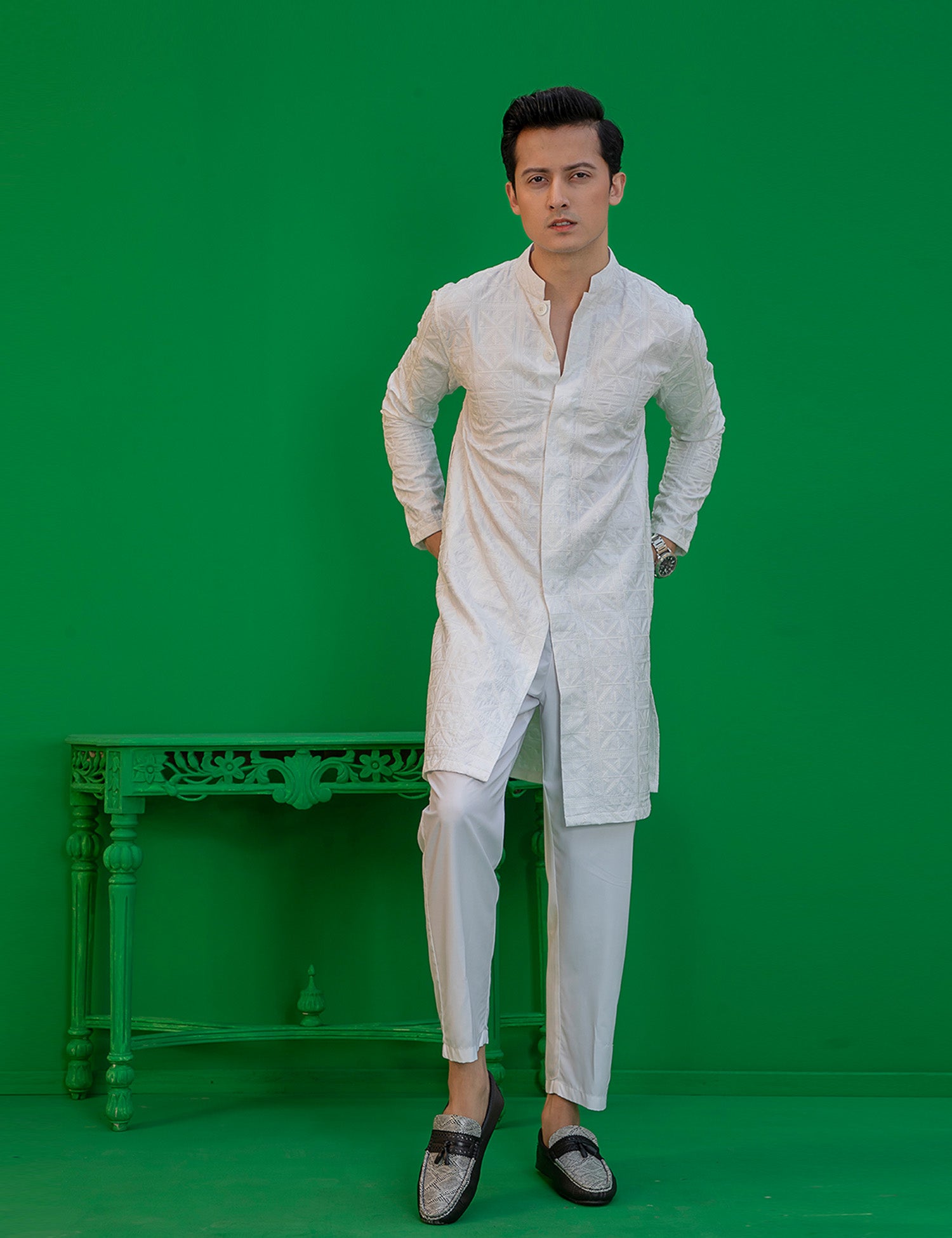White Embroidered Wash N Wear Kurta (2-Piece) - Image 2