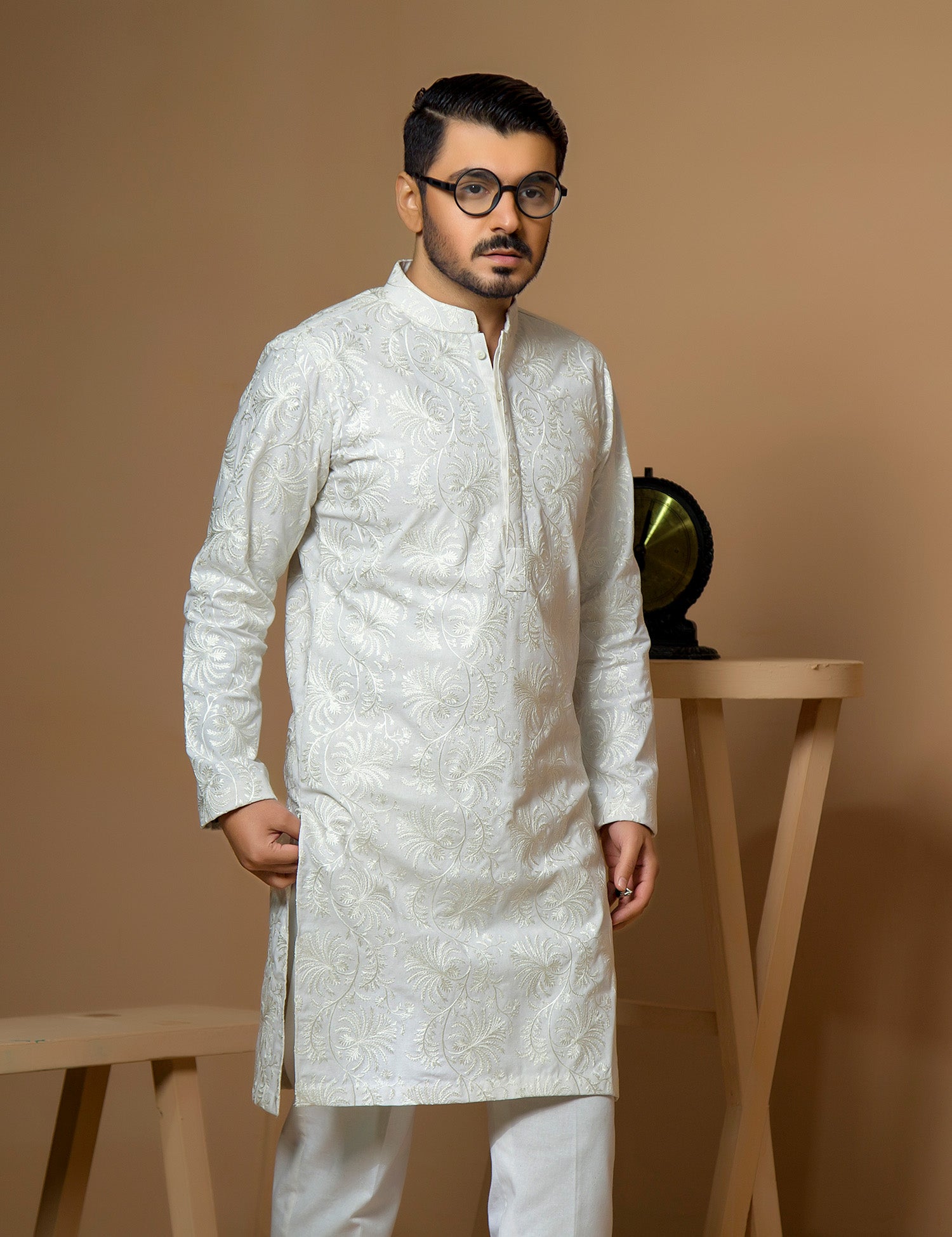 White Embroidered Wash & Wear Kurta Set (2-Piece) - Image 3
