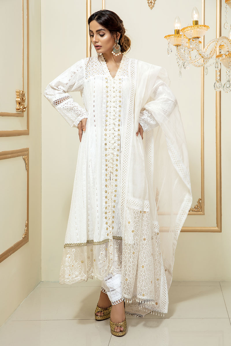 Pakistani White Chikan Embroidered Cotton Frock (3-Piece) - Image 1