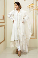 Pakistani White Chikan Embroidered Cotton Frock (3-Piece) - Image 2
