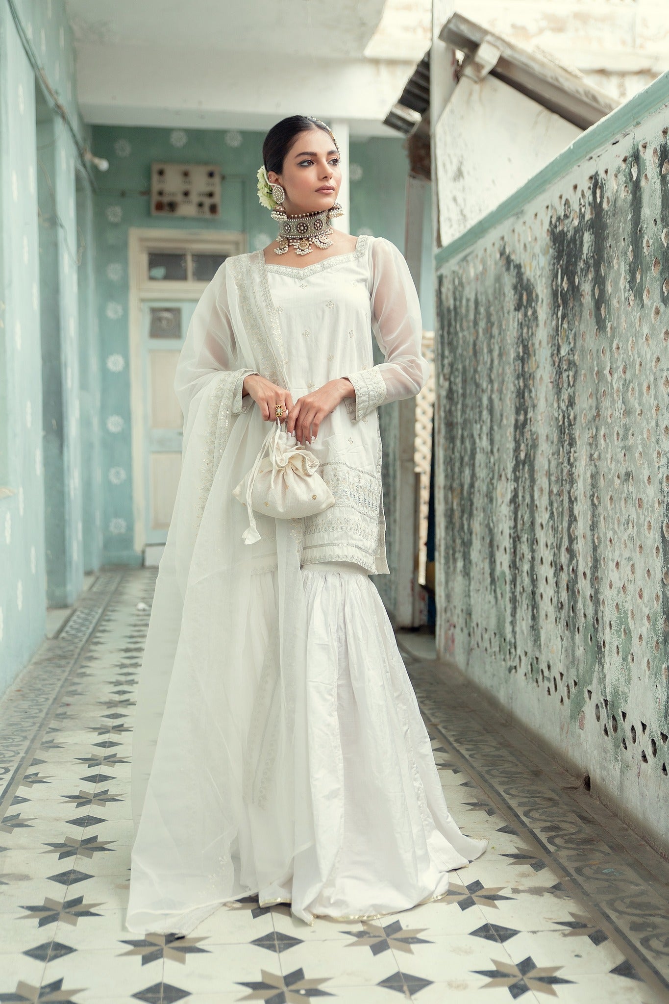 White Embroidered Banarsi Cotton Silk Nawabi Gharara (3-Piece) - Image 1