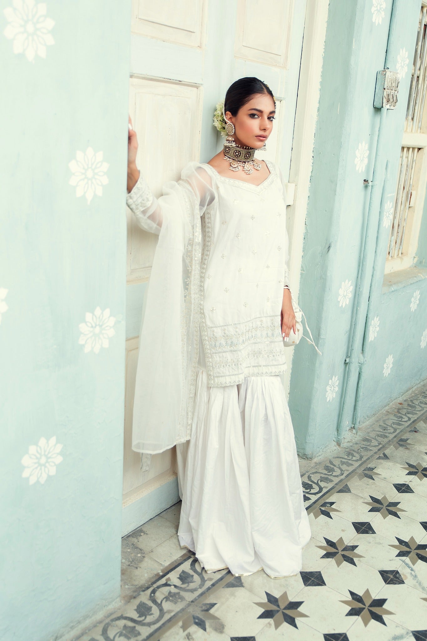 White Embroidered Banarsi Cotton Silk Nawabi Gharara (3-Piece) - Image 2