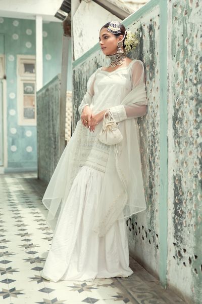 White Embroidered Banarsi Cotton Silk Nawabi Gharara (3-Piece) - Image 6