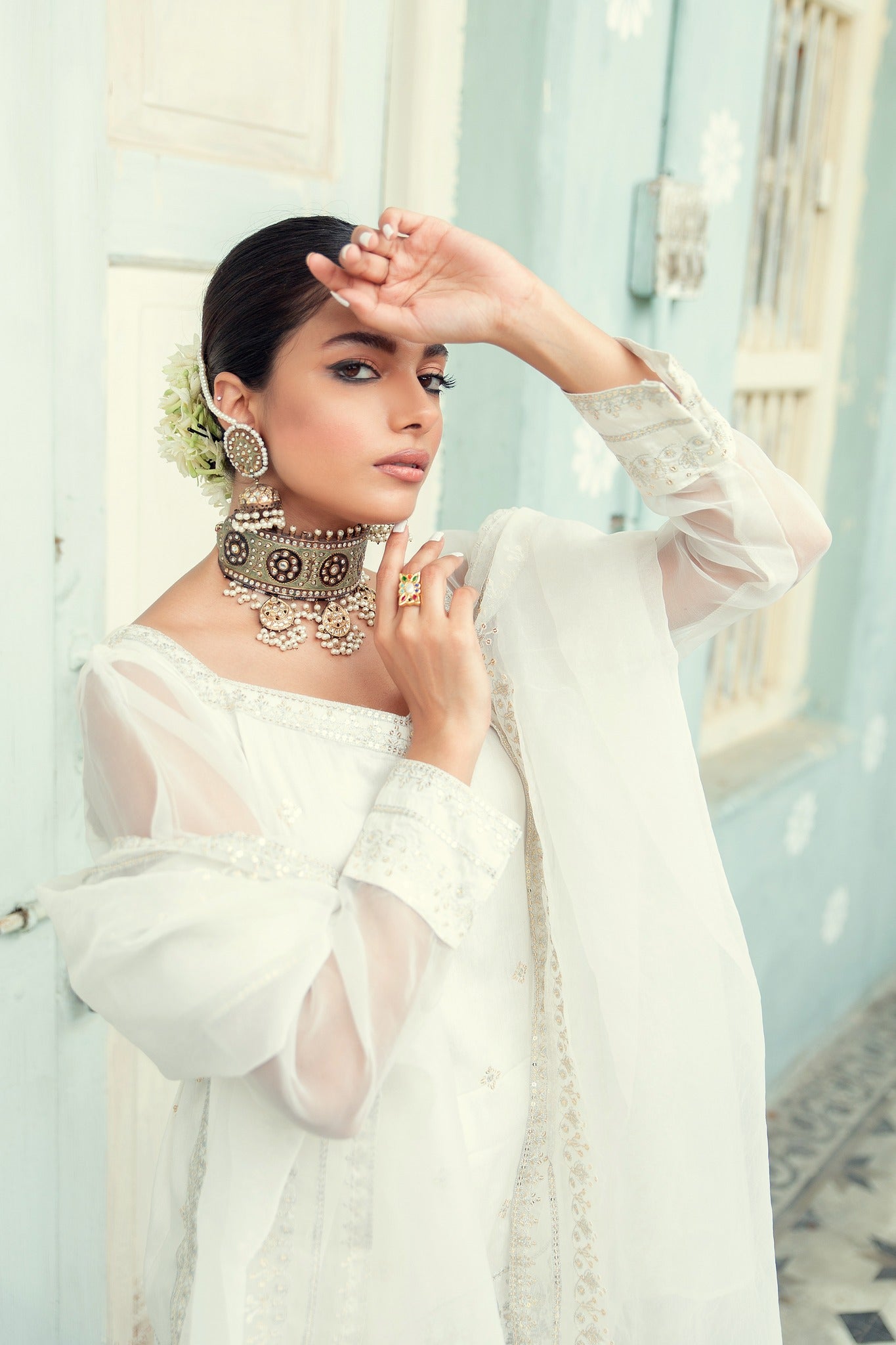 White Embroidered Banarsi Cotton Silk Nawabi Gharara (3-Piece) - Image 8