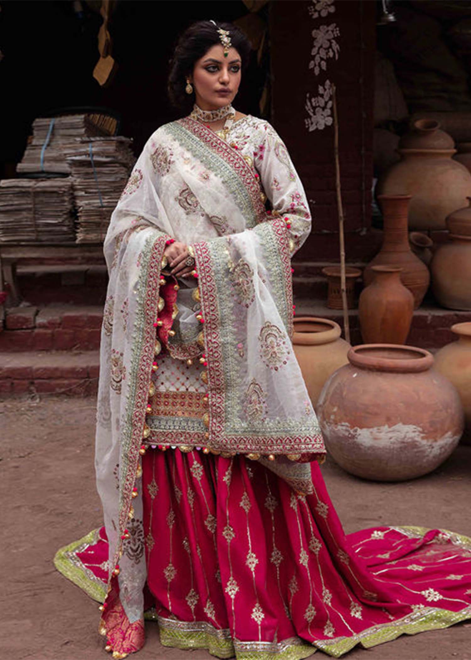 Pakistani White Embroidered Cotton Net & Organza Gharara (3-Piece) - Image 1