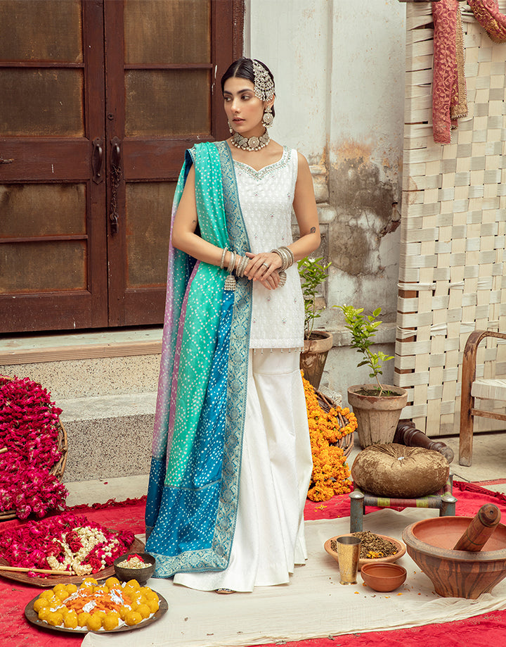White Handworked Karandi Gharara Set (3-Piece) - Image 7