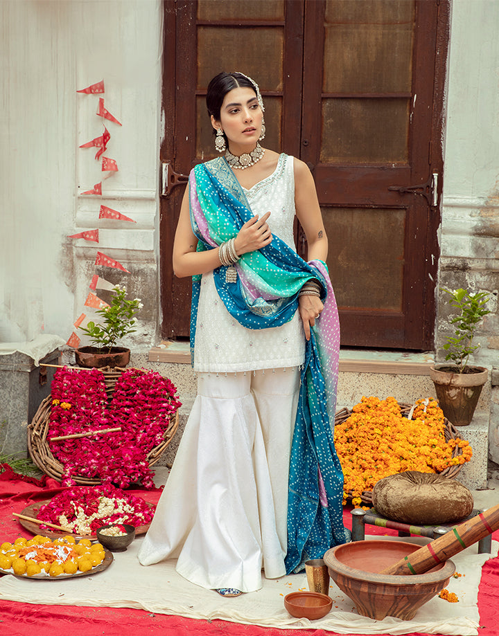 White Handworked Karandi & Jamawar Gharara (3-Piece) - Image 1