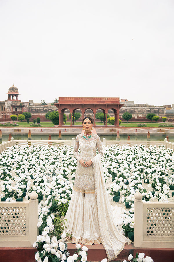 Indian White Embellished Net Gharara Set (3-Piece) - Image 1