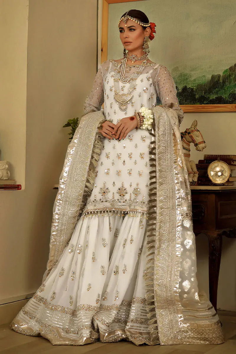 Pakistani White Embroidered Organza Gharara Set (3-Piece) - Image 1