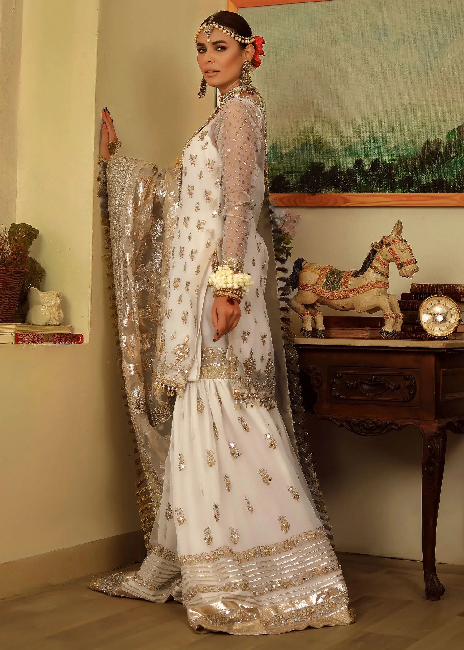 Pakistani White Embroidered Organza Gharara Set (3-Piece) - Image 10