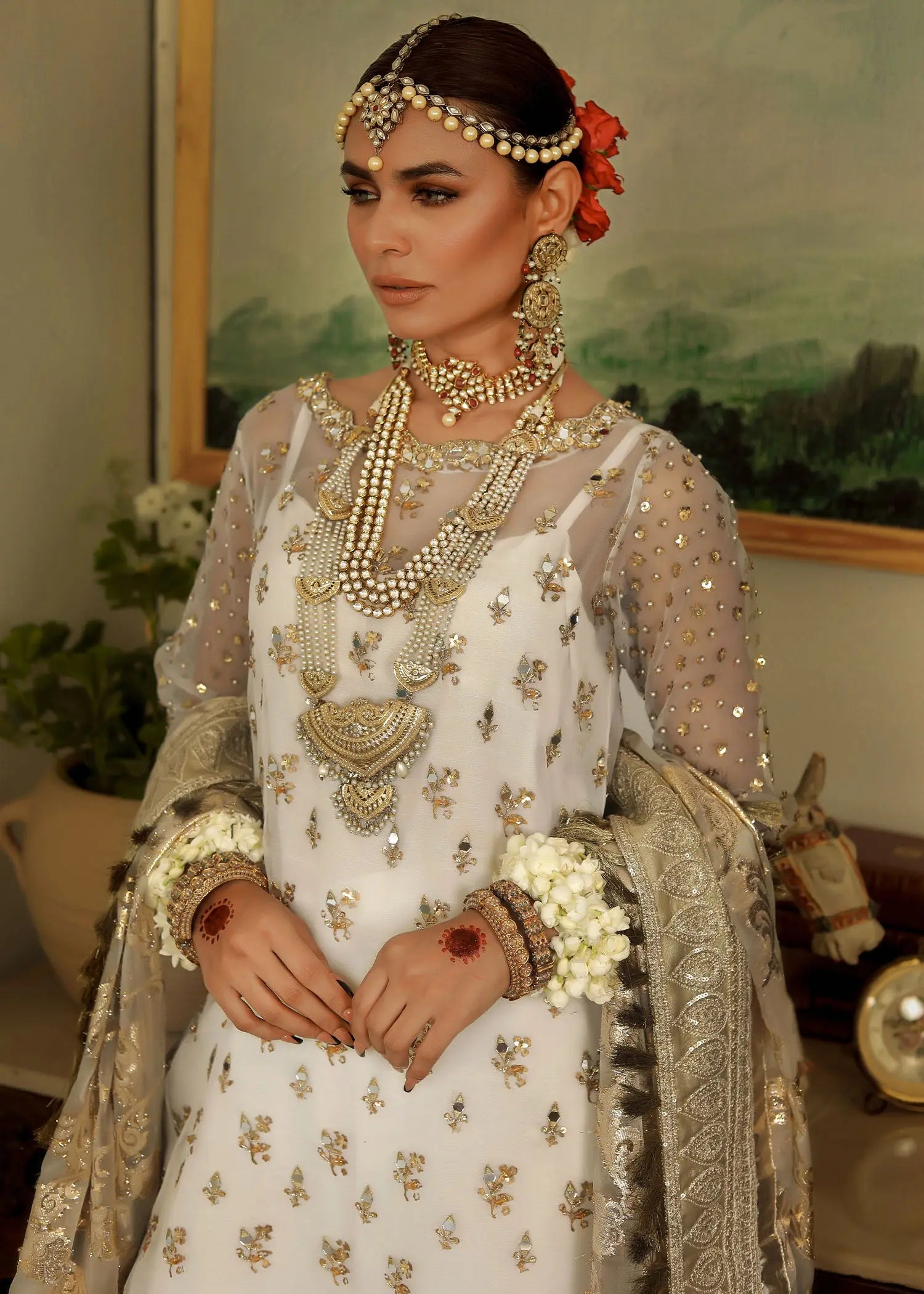 Pakistani White Embroidered Organza Gharara Set (3-Piece) - Image 11