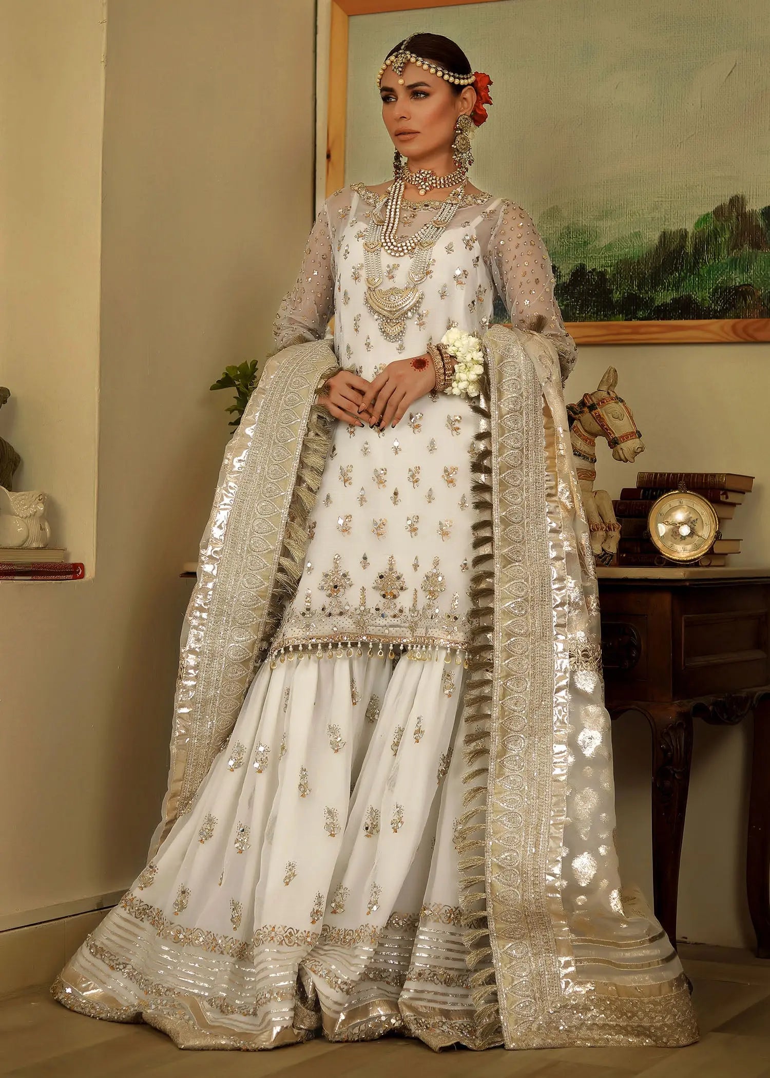Pakistani White Embroidered Organza Gharara Set (3-Piece) - Image 12