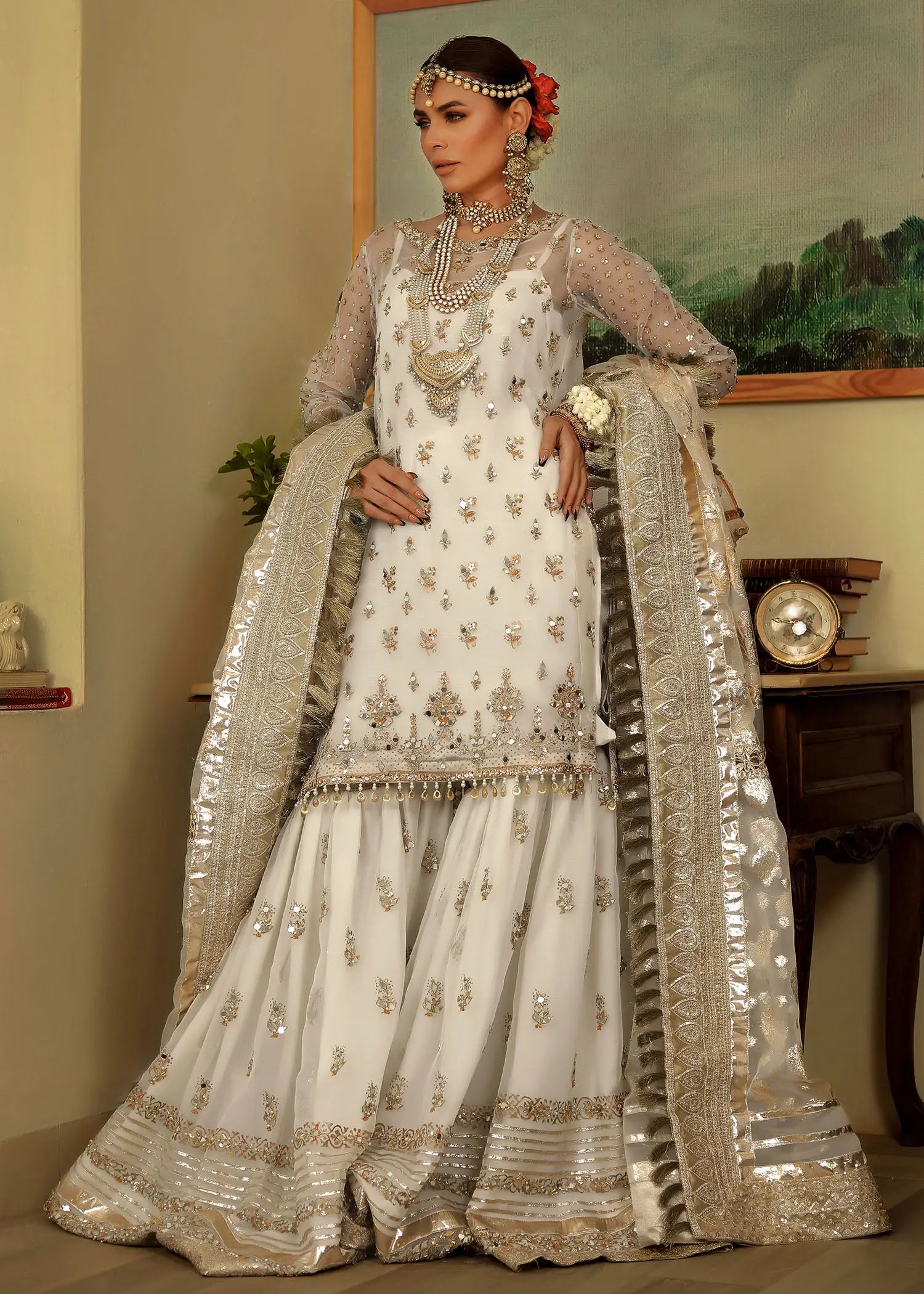 Pakistani White Embroidered Organza Gharara Set (3-Piece) - Image 13