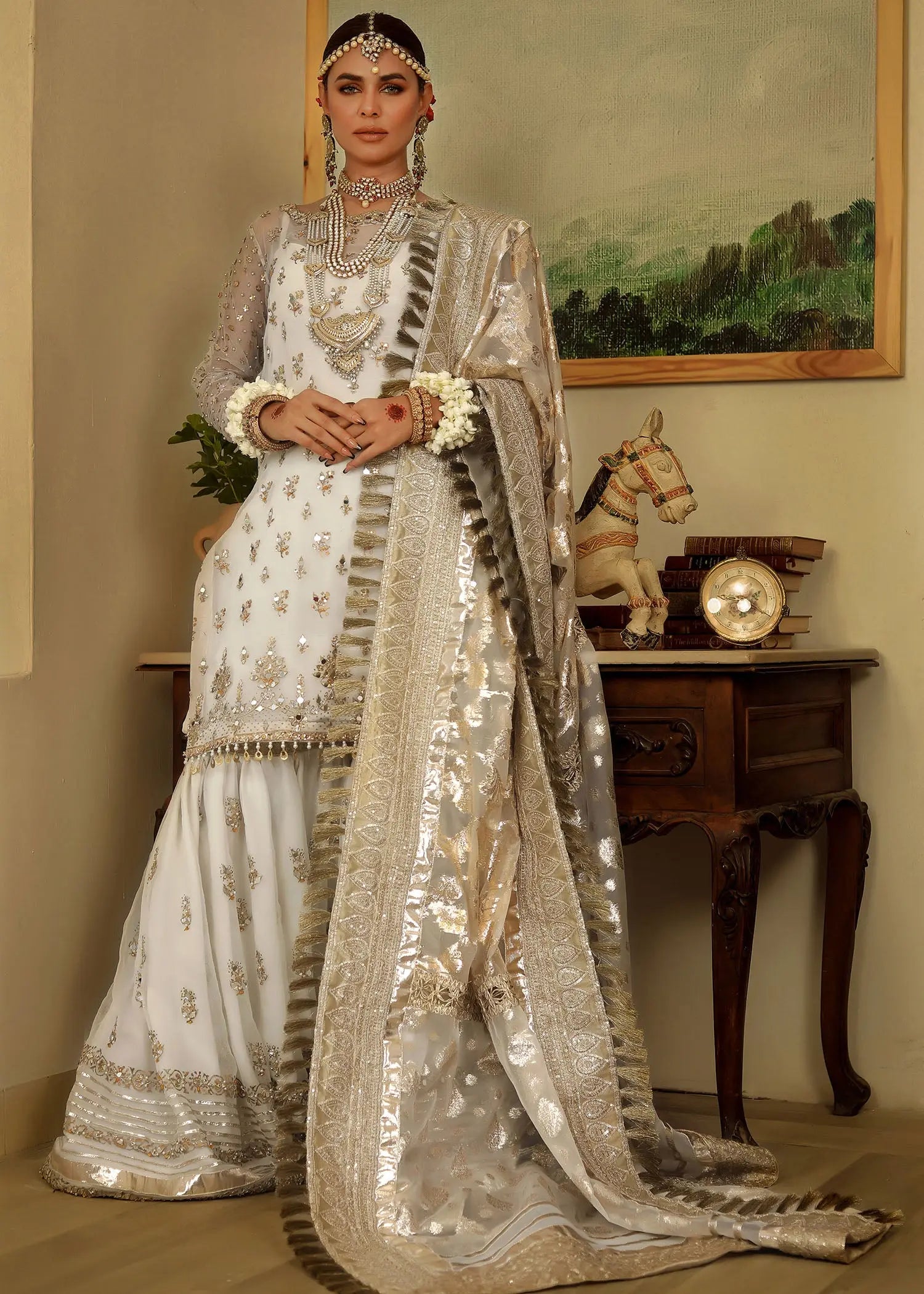 Pakistani White Embroidered Organza Gharara Set (3-Piece) - Image 14