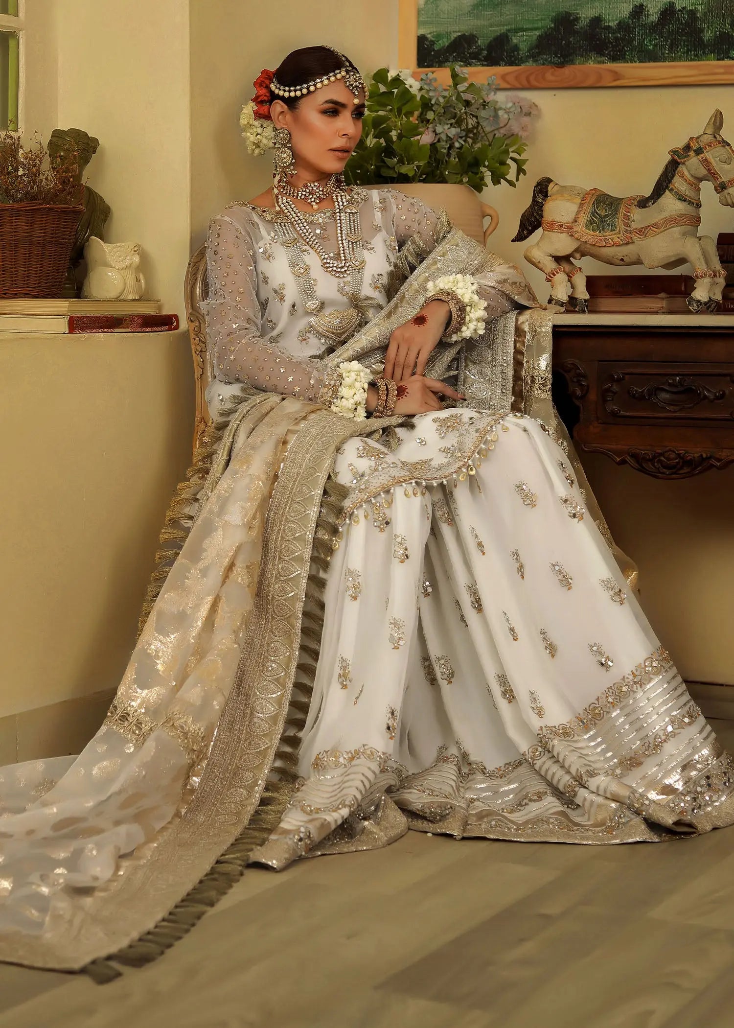 Pakistani White Embroidered Organza Gharara Set (3-Piece) - Image 6