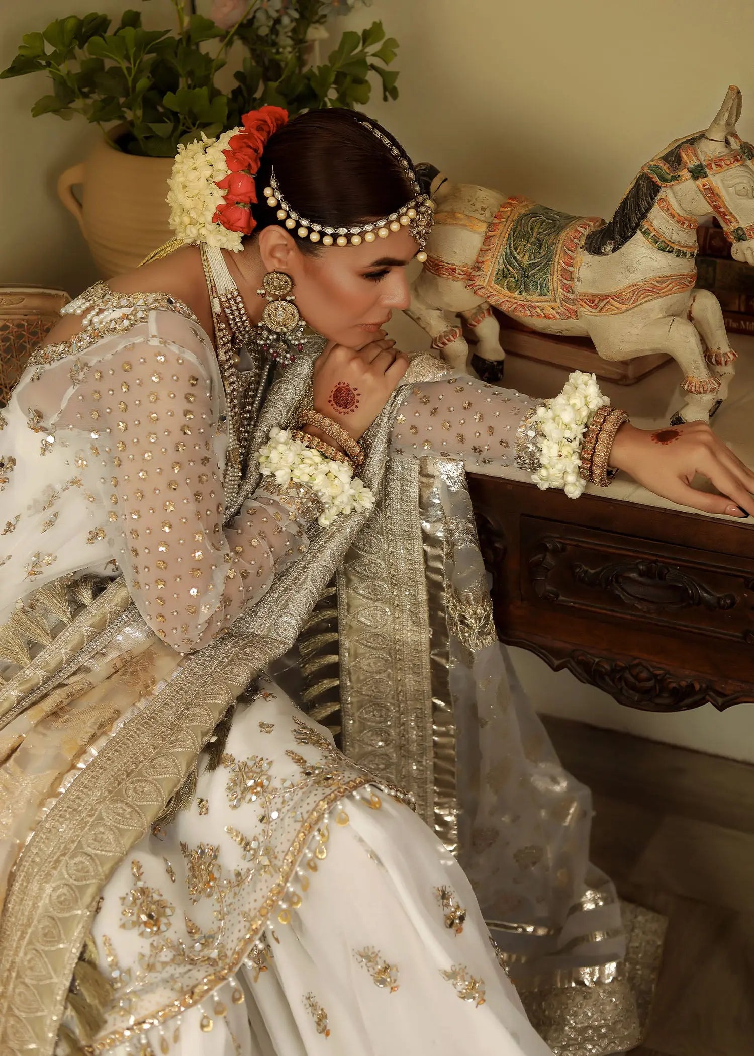 Pakistani White Embroidered Organza Gharara Set (3-Piece) - Image 7