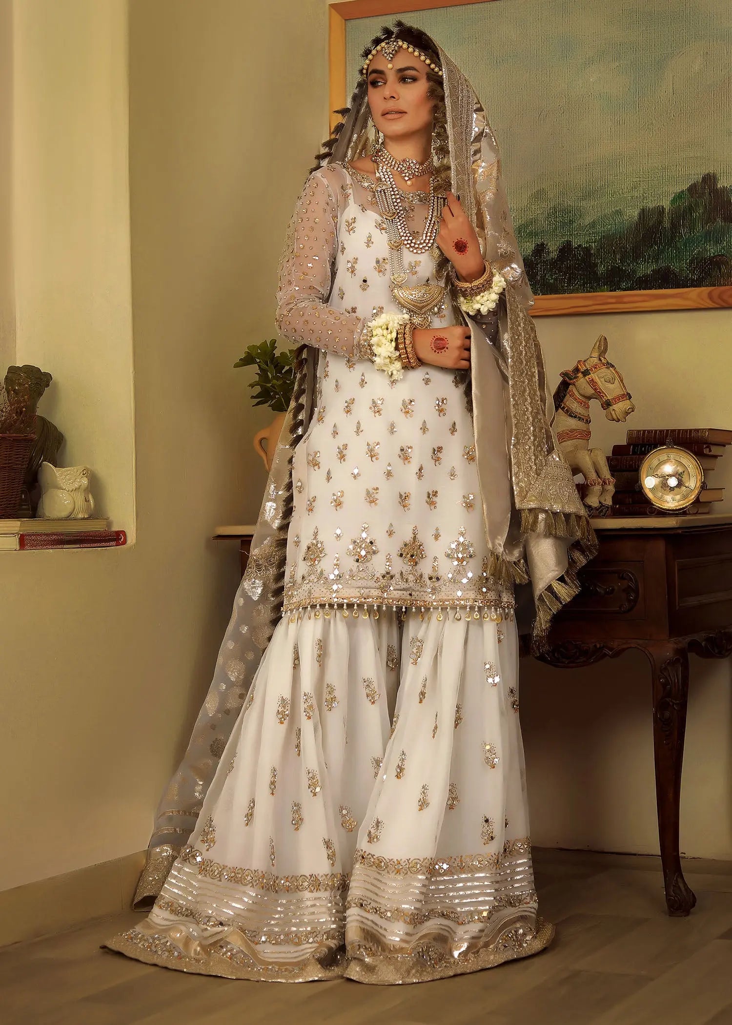 Pakistani White Embroidered Organza Gharara Set (3-Piece) - Image 8
