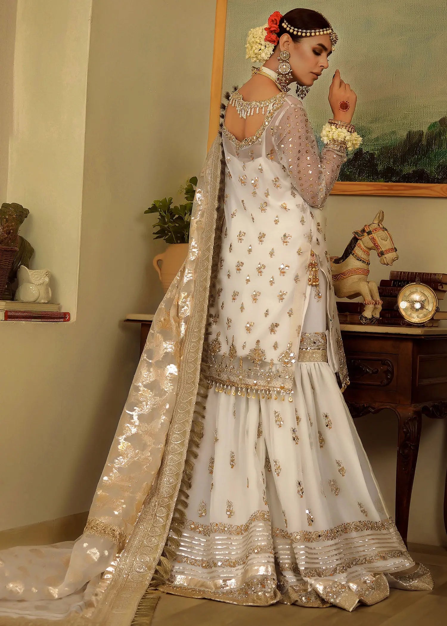 Pakistani White Embroidered Organza Gharara Set (3-Piece) - Image 9