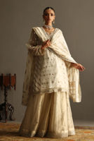 White Badla Boti Organza Tunic & Lamé Gharara (3-Piece) - Image 2