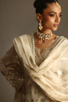White Badla Boti Organza Tunic & Lamé Gharara (3-Piece) - Image 3