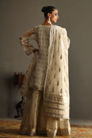 White Badla Boti Organza Tunic & Lamé Gharara (3-Piece) - Image 4